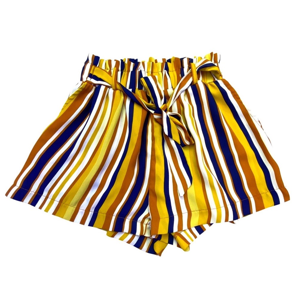 Iris Shorts Women's Small Paperbag Waist‎ Mustard Yellow Navy Blue Striped